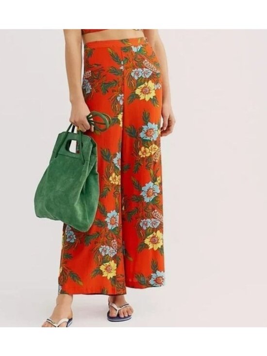 Free People Pants - Free people Blue Horizon Orange  Tropical Floral Wide Pants Palazzos Trousers 8